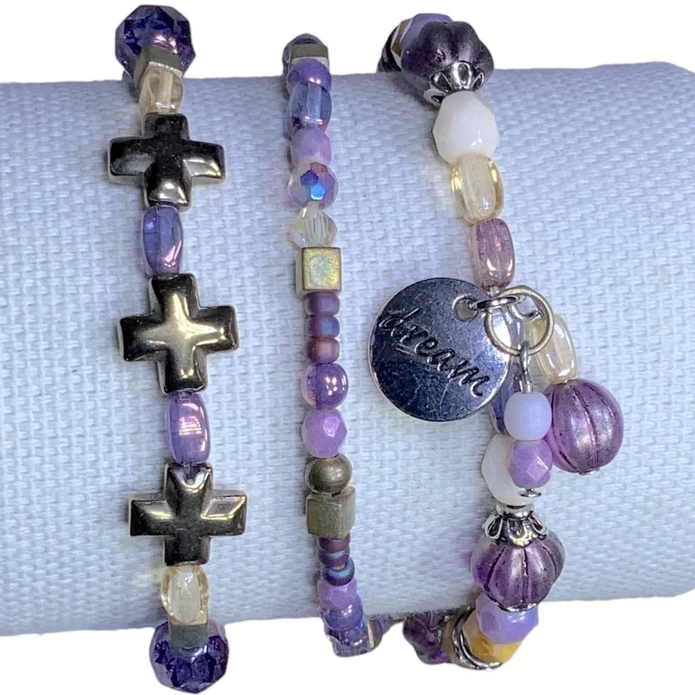 Regal 3 Cross Bracelet Purple Amethyst February Birthstone Religious Beaded